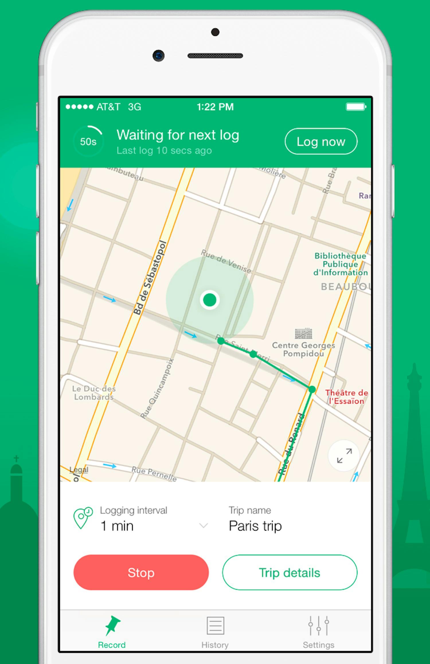 Registrerar var du är Geotag Photos Pro 2 registrerar var du är med valfritt tidsintervall när appen är aktiverad.